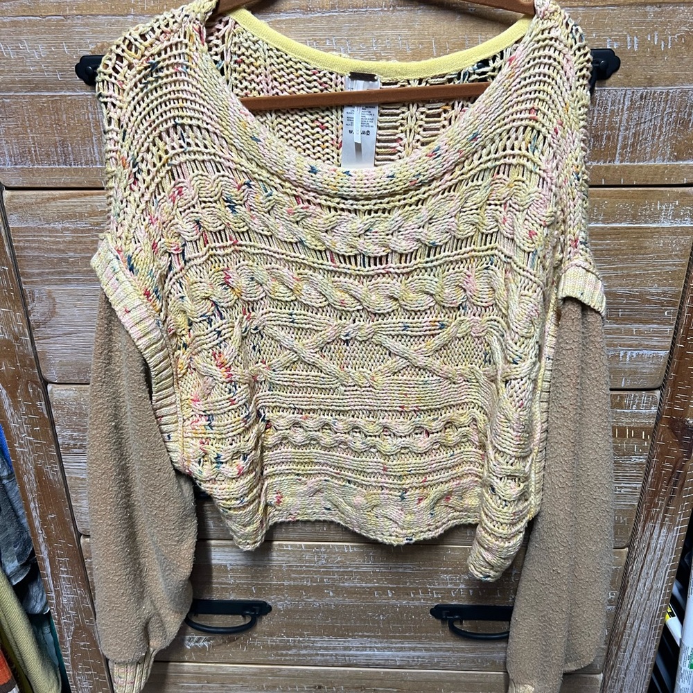 Free People Yellow and Tan Cable Knit Crew Neck Sweater